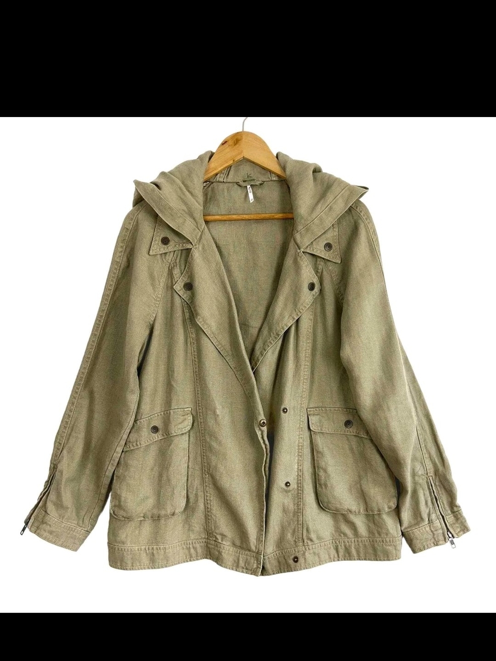 Free People Casual Lightweight Cargo Army Olive Green Linen Utility Jacket - S